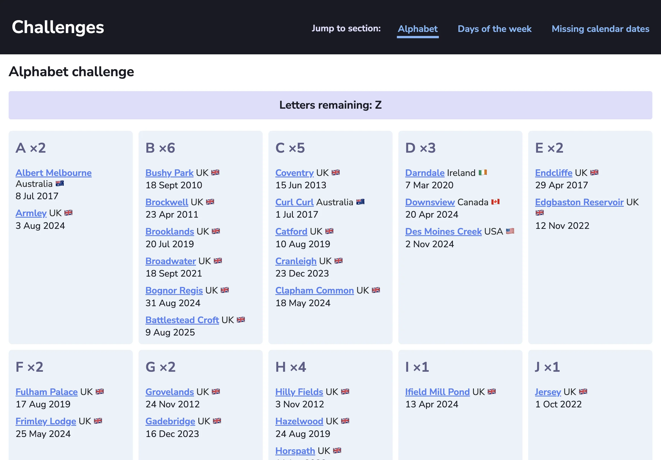 Alphabet challenge grid and calendar date completion matrix
