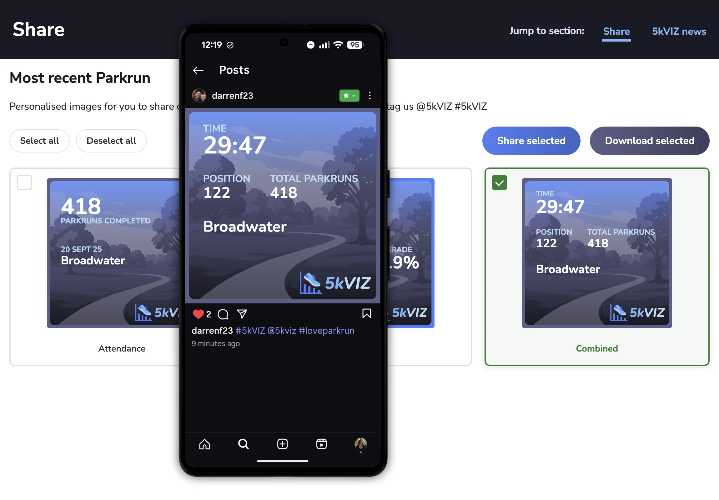 Share page enabling downloads of personalised images for sharing on social media